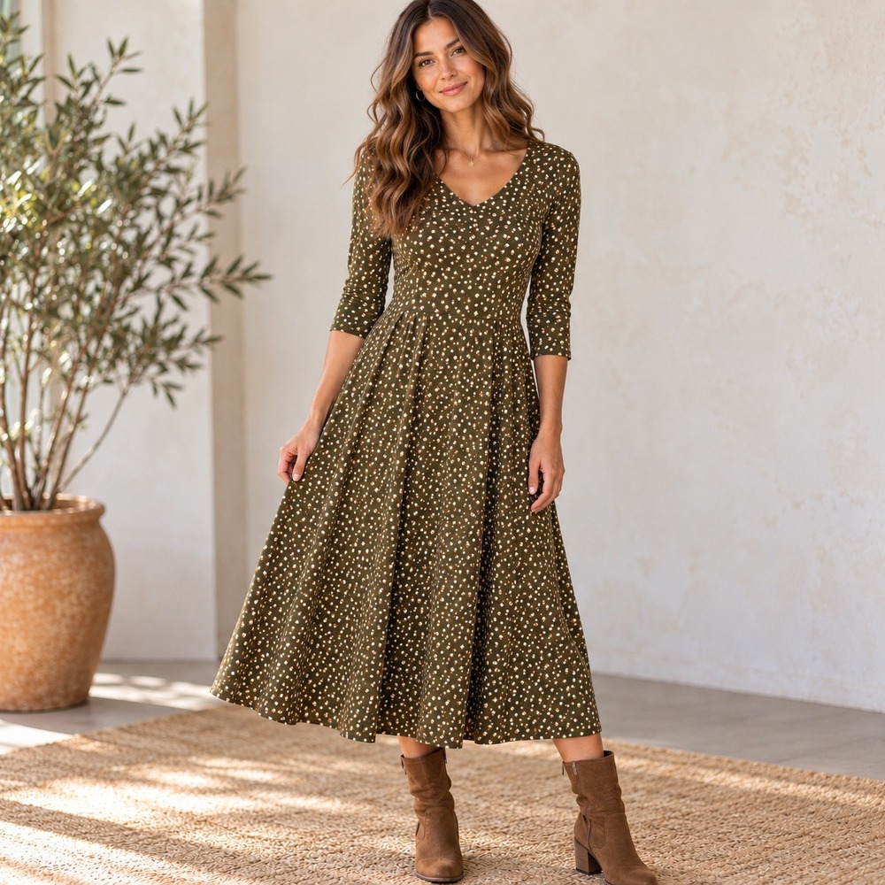 Pact Organic Cotton V-Neck Fit & Flare Midi Dress XS Green Geometric Sustainable
